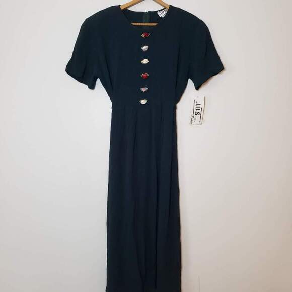 Deadstock Vintage 90s Short Sleeve Midi Dress Green Rosebud Embellishments 10P - Picture 5 of 11